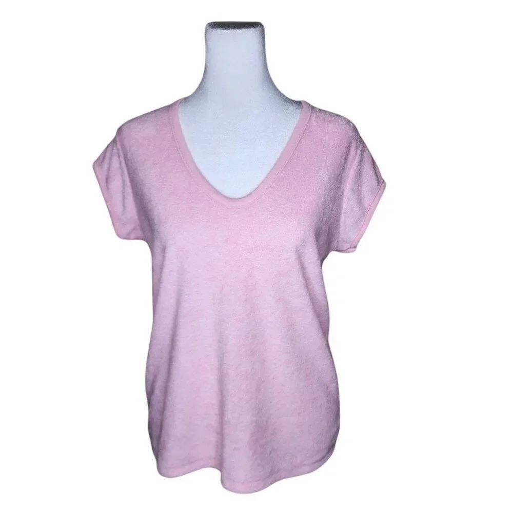 Vintage 1980s Cap Sleeved Terrycloth Vneck Tshirt Womens Size L Pink